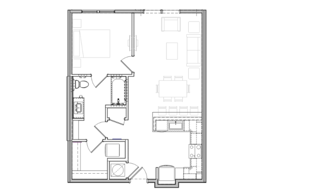 A6a - 1 bedroom floorplan layout with 1 bathroom and 797 square feet