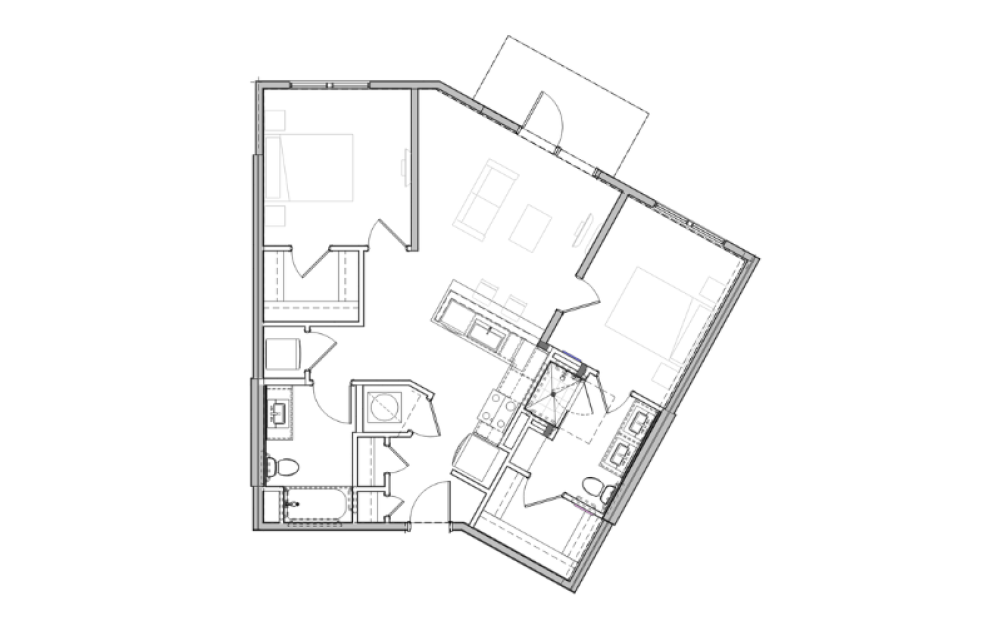 B1 - 2 bedroom floorplan layout with 2 bathrooms and 992 square feet