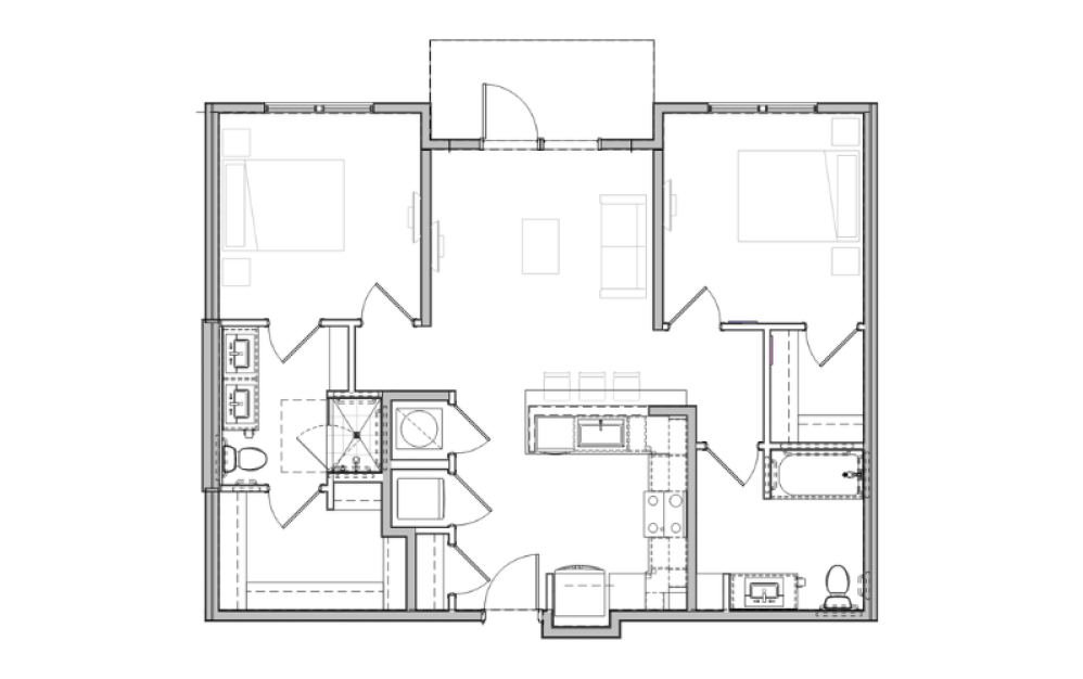 B2 - 2 bedroom floorplan layout with 2 bathrooms and 1009 square feet