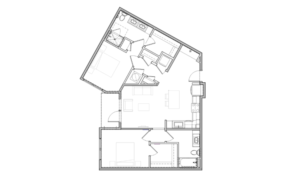 B5 - 2 bedroom floorplan layout with 2 bathrooms and 1086 square feet