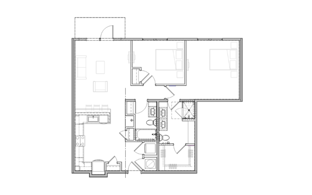 B7 - 2 bedroom floorplan layout with 2 bathrooms and 1121 square feet