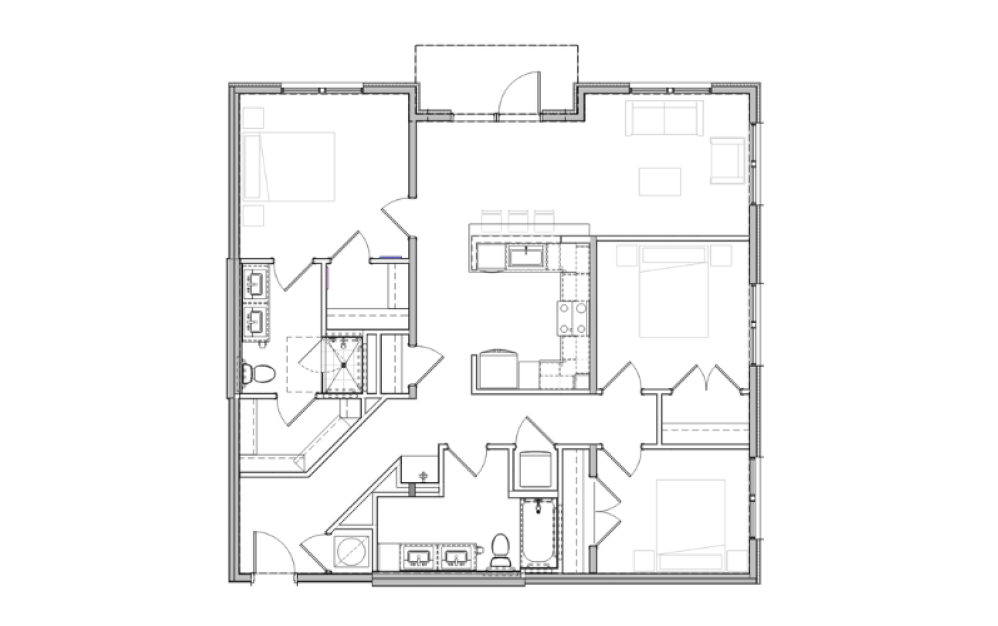 C1 - 3 bedroom floorplan layout with 2 bathrooms and 1352 square feet