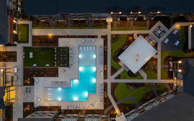 aerial view of pool deck at night