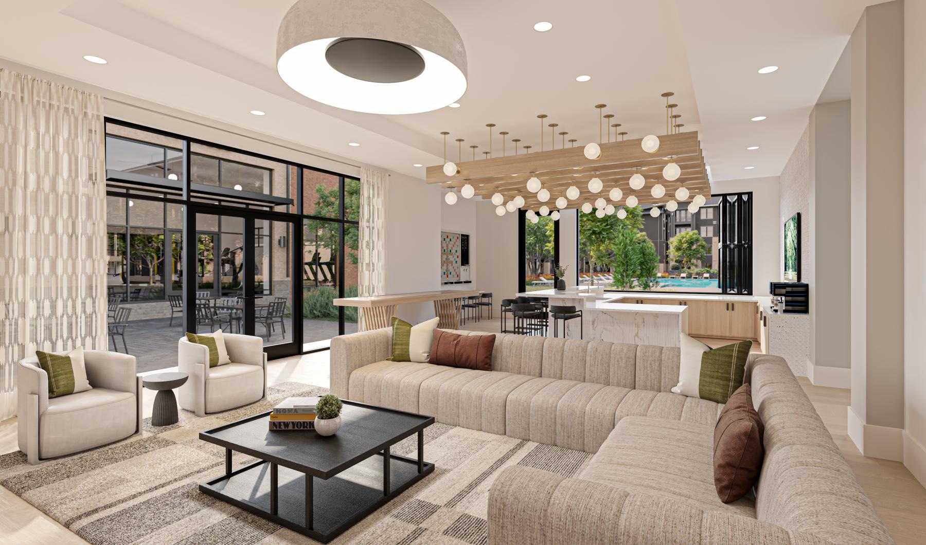 A natural sense of connection a large living room with a large glass door leading to amenities