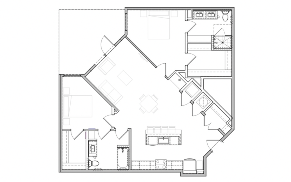 B8 - 2 bedroom floorplan layout with 2 bathrooms and 1301 square feet