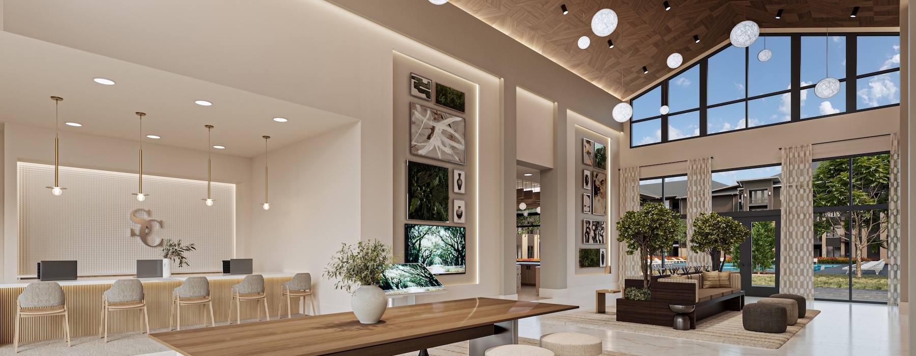 lounge area with modern decor and ample seating