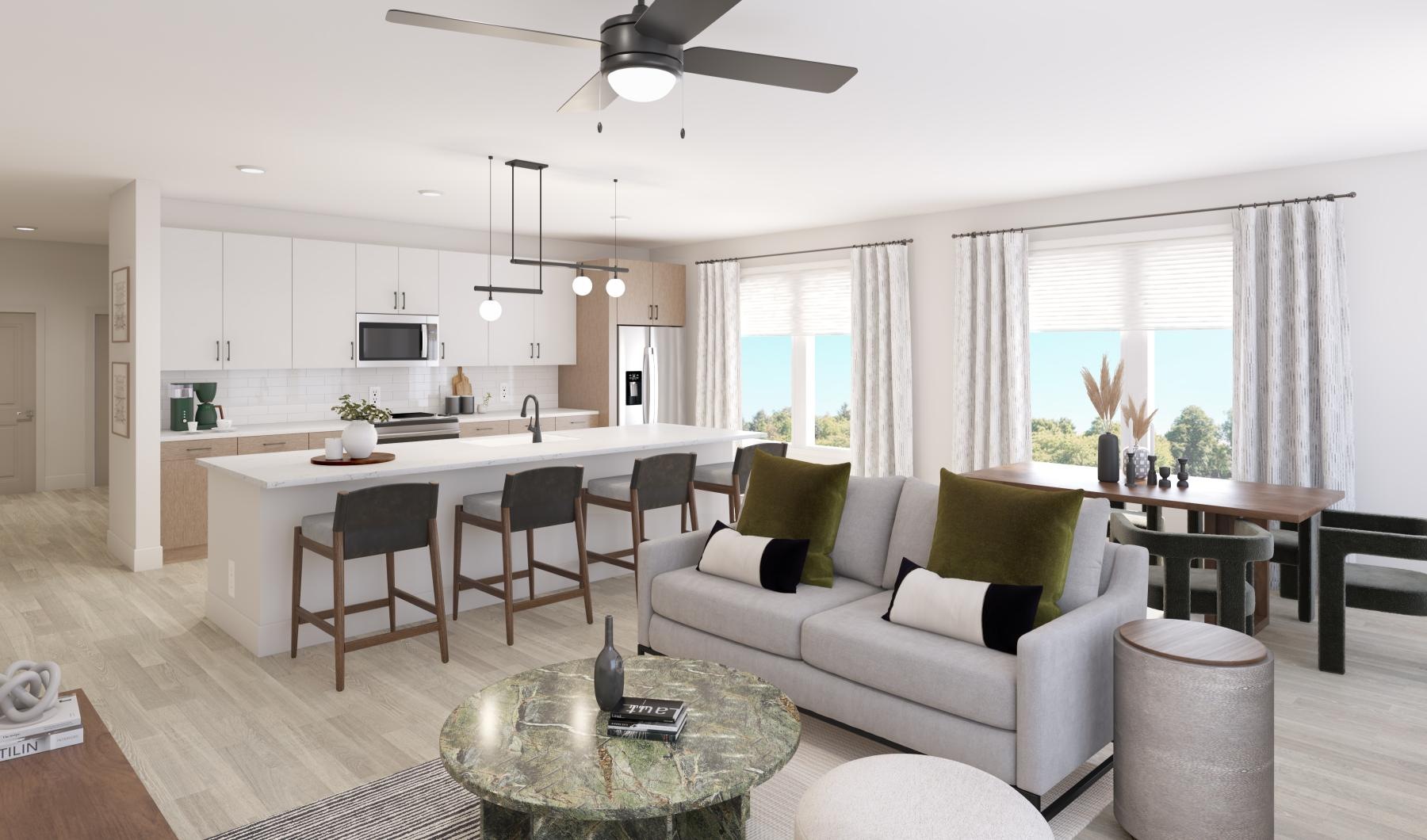 Crafted for a high-end lifestyle a living room with a large kitchen